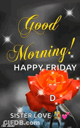 A Good Morning Happy Friday Greeting Card With A Red Rose And Hearts . GIF