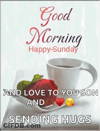 A Good Morning Happy Sunday Greeting Card With A Cup Of Coffee And A Plate Of Food . GIF