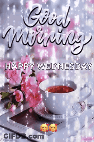 A Good Morning Happy Wednesday Greeting Card With A Cup Of Tea And Flowers . GIF