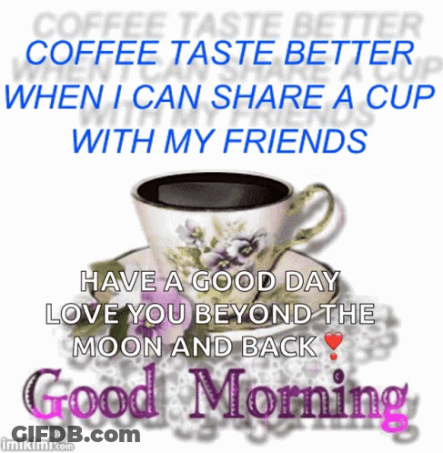 A Good Morning Message With A Cup Of Coffee On A Saucer And The Words Have A Good Day Love You Beyond The Moon And Back GIF