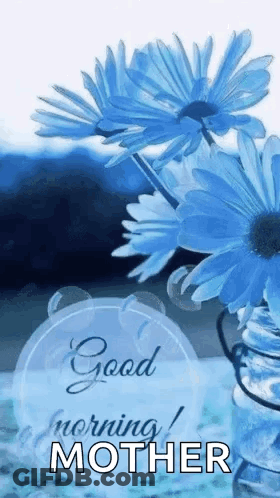 A Good Morning Message With Blue Flowers In A Vase . GIF