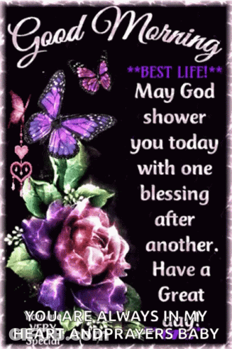 A Good Morning Message With Purple Butterflies And Purple Flowers GIF