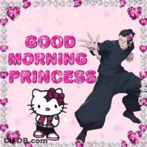 A Good Morning Princess Card With A Hello Kitty And A Man GIF