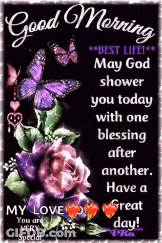 A Good Morning Sign With Purple Butterflies And Flowers GIF