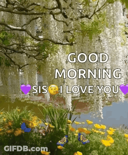 A Good Morning Sis I Love You Greeting Card With Butterflies And Flowers GIF