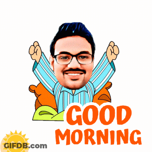 A Good Morning Sticker With A Man 'S Face And A Teddy Bear GIF