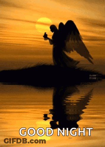 A Good Night Card With A Silhouette Of An Angel Holding A Candle GIF