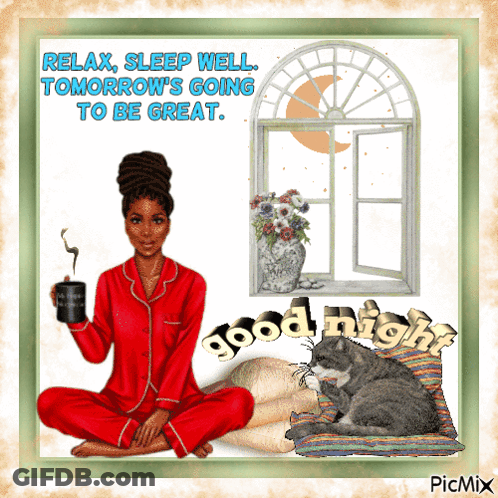 A Good Night Card With A Woman Holding A Cup Of Coffee And A Cat GIF