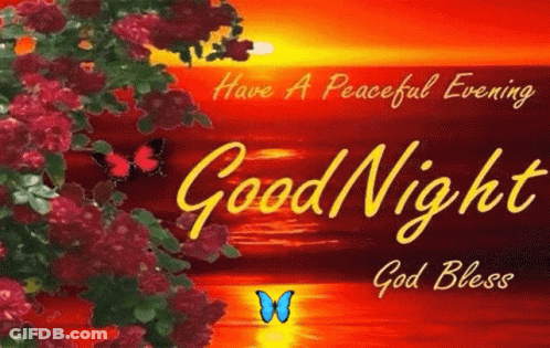 A Good Night Card With Flowers And Butterflies And The Words `` Have A Peaceful Evening Good Night God Bless '' . GIF