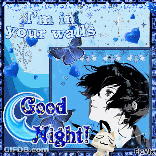 A Good Night Greeting Card With A Cat And A Boy GIF