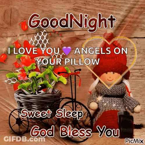 A Good Night Greeting Card With A Doll And A Basket Of Flowers GIF