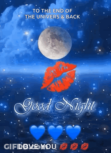 A Good Night Greeting Card With A Kiss On The Moon And Hearts GIF