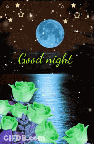 A Good Night Greeting Card With Roses And A Full Moon GIF