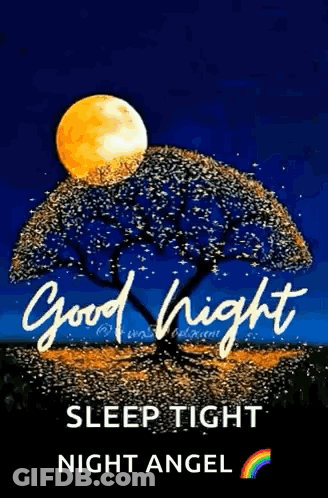 A Good Night Sleep Tight Night Angel With A Tree And A Full Moon In The Background . GIF