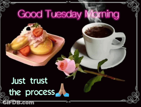 A Good Tuesday Morning Card With A Cup Of Coffee And A Plate Of Pancakes GIF