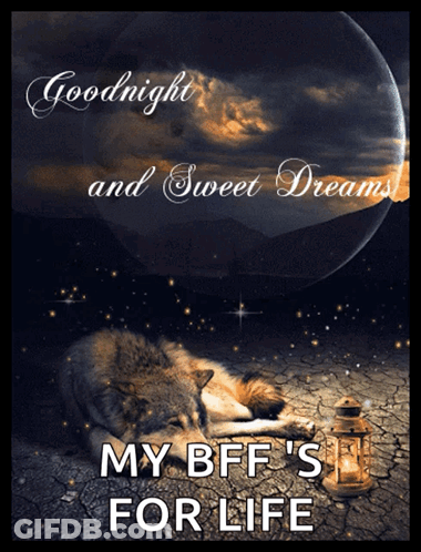 A Goodnight And Sweet Dreams Poster With A Wolf Sleeping Next To A Lantern GIF