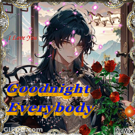 A Goodnight Everybody Greeting Card With A Picture Of A Man With Long Hair And Roses . GIF