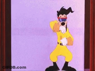 A Goofy Cartoon Character Is Dancing On A Stage With A Red Curtain In The Background . GIF