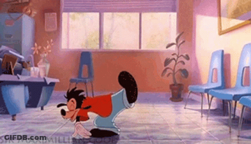 A Goofy Cartoon Character Is Doing A Trick In A Waiting Room . GIF