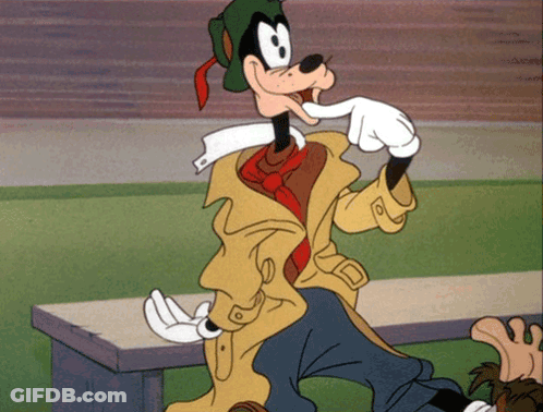 A Goofy Cartoon Character Is Sitting On A Bench With His Hand In His Mouth GIF