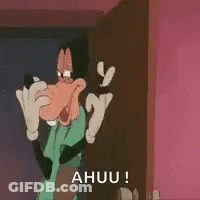 A Goofy Cartoon Character Is Standing In Front Of A Door And Shouting A Huuu ! GIF