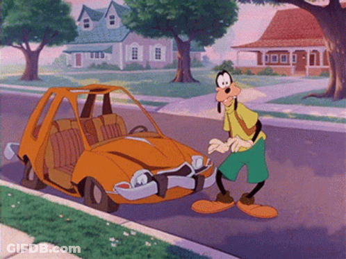 A Goofy Cartoon Character Is Standing Next To A Broken Orange Car GIF