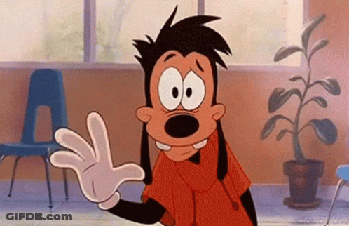 A Goofy Cartoon Character Is Waving His Hand In A Room With A Plant In The Background . GIF