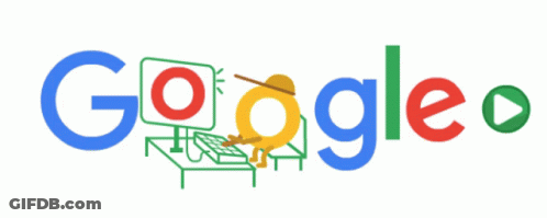 A Google Logo With A Cartoon Character Sitting In Front Of A Computer GIF