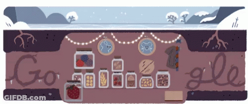 A Google Logo With A Drawing Of A Cave With Jars Of Food On It GIF