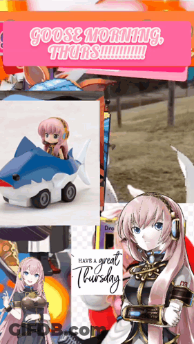 A Goose Morning Thursday Advertisement With A Girl On A Shark Car GIF