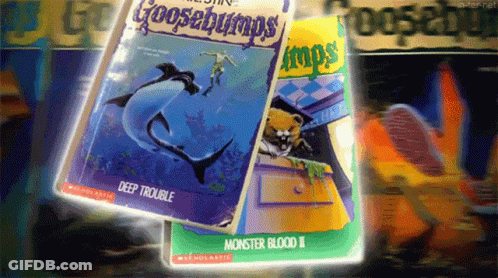 A Goosebumps Book Titled Deep Trouble Sits Next To Another Book Titled Monster Blood Ii GIF
