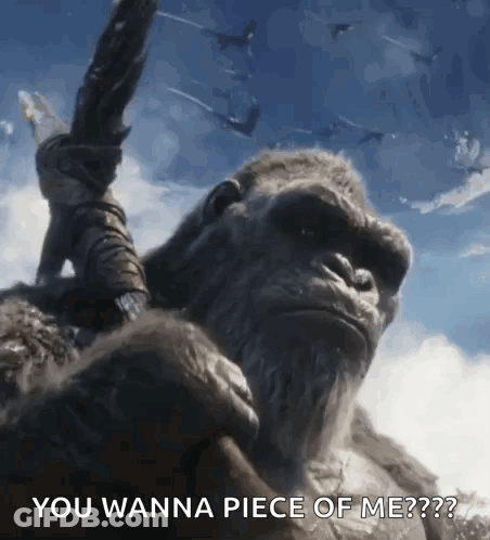 A Gorilla Is Holding A Sword And Says " You Wanna Piece Of Me ? " GIF