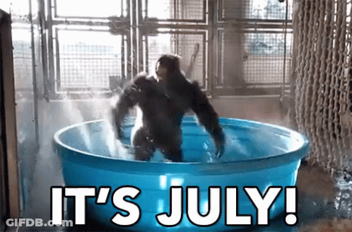 A Gorilla Is Standing In A Blue Tub With The Words It 'S July Written On It GIF