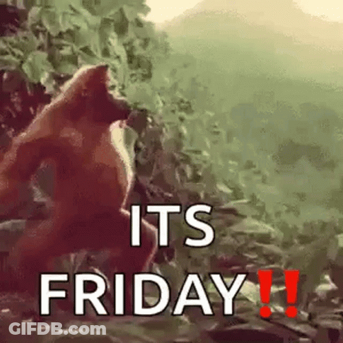 A Gorilla Is Standing In The Woods With The Words `` It 'S Friday '' Written On It . GIF