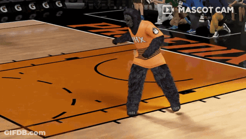 A Gorilla Mascot On A Basketball Court Wearing A Hxx Jersey GIF