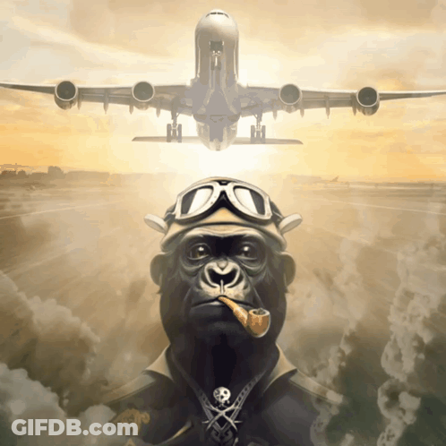 A Gorilla Wearing A Helmet And Goggles Smoking A Pipe With An Airplane In The Background GIF