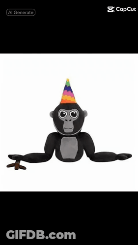 A Gorilla Wearing A Party Hat And Holding A Stick GIF