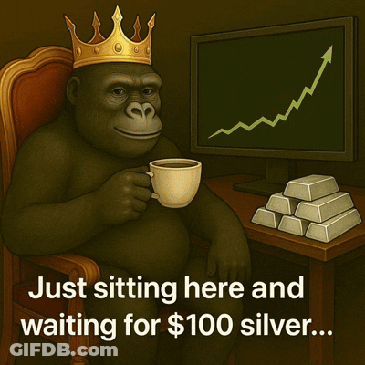 A Gorilla With A Crown On His Head Is Sitting In Front Of A Computer And Holding A Cup Of Coffee GIF