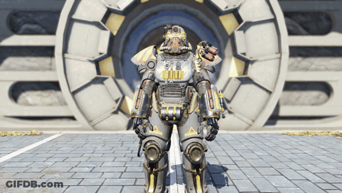 A Gray And Yellow Robot Is Standing In Front Of A Large Vault GIF