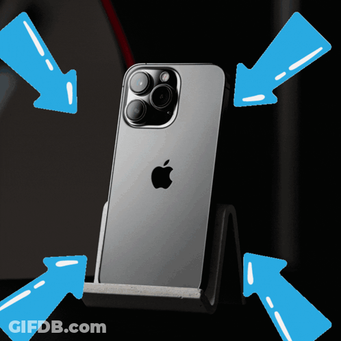 A Gray Apple Phone Sitting On A Stand With Blue Arrows Pointing At It GIF