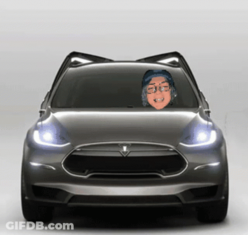 A Gray Tesla With A Cartoon Face On The Windshield GIF