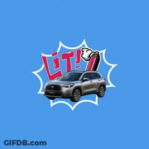 A Gray Toyota Corolla With A Spray Can On Top Of It And The Word Lit GIF
