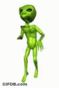 A Green Alien Is Dancing On A White Background And Looking At The Camera . GIF