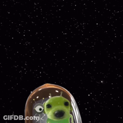 A Green Alien Is Flying In A Space Ship With The Word Send Written On The Bottom GIF