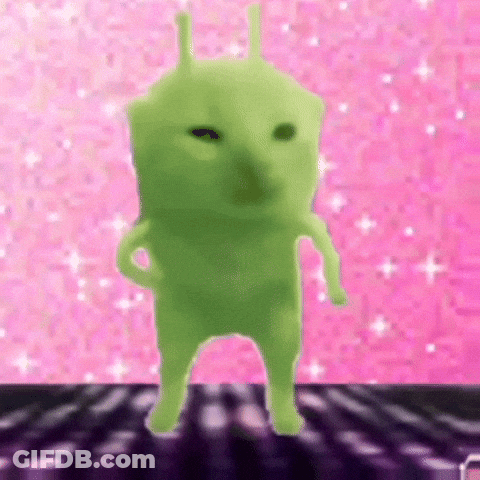 A Green Alien Is Standing On A Pink Background GIF