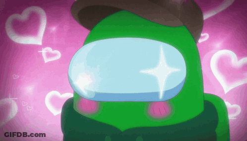 A Green Among Us Character With Hearts Surrounding Him GIF