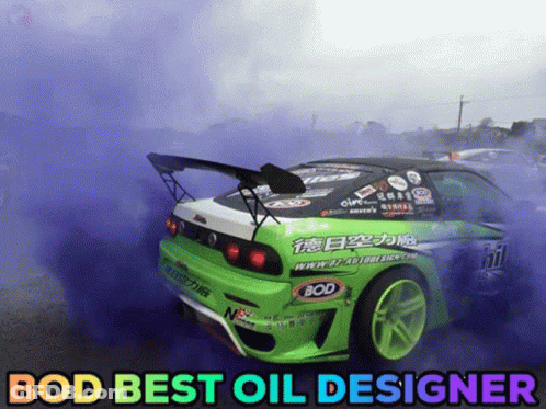 A Green And Black Car With The Words " Bod Best Oil Designer " Above It GIF