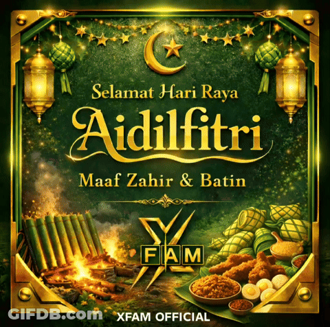 A Green And Gold Greeting Card That Says Selamat Hari Raya Aidilfitri GIF