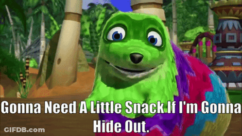 A Green And Purple Cartoon Character With The Words Gonna Need A Little Snack If I 'M Gonna Hide Out GIF