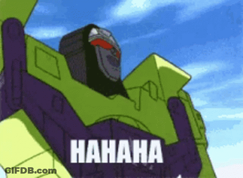 A Green And Purple Robot Is Laughing With The Words " Hahaha " On The Bottom GIF